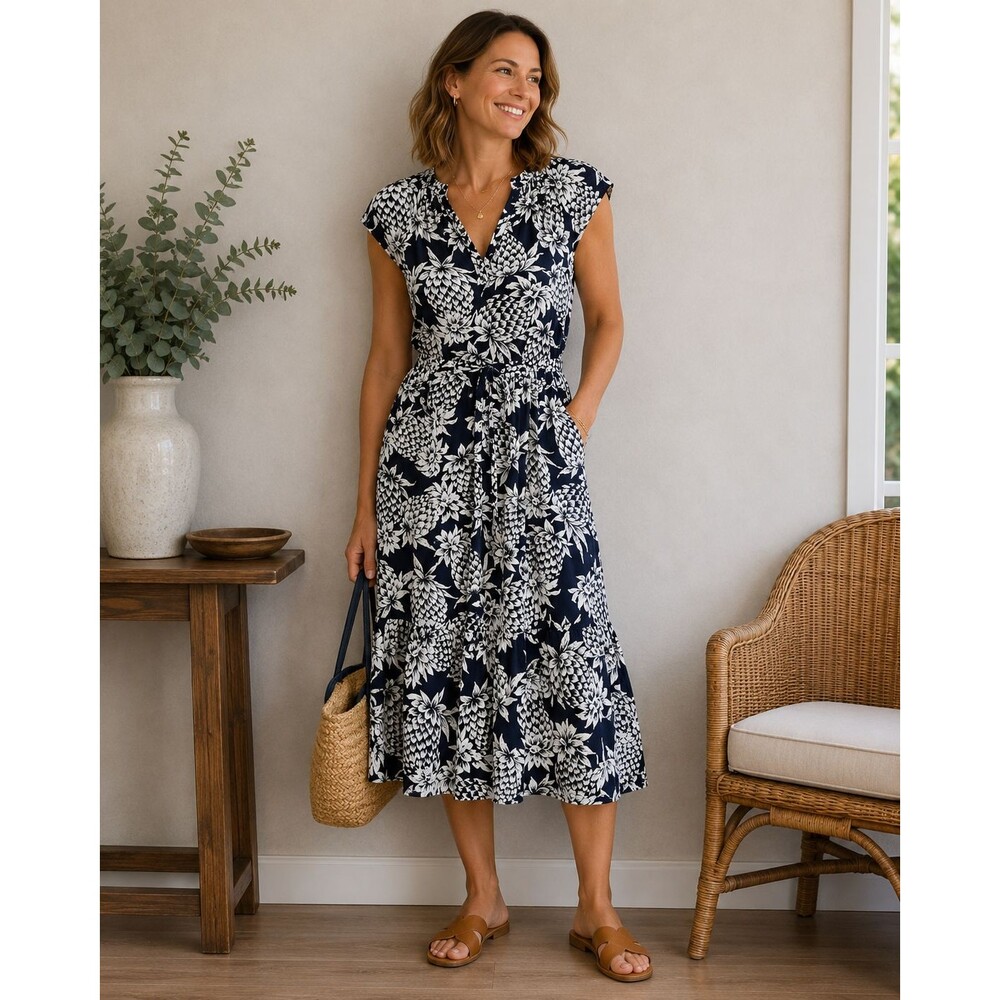 J.Crew Pineapple Print Cotton Midi Dress 6 Navy Blue Tiered Ruffle Vacation